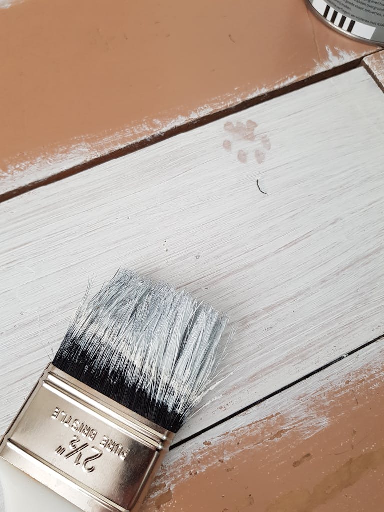 Detailed view of a paintbrush on a wood surface with a paw print, capturing the painting process