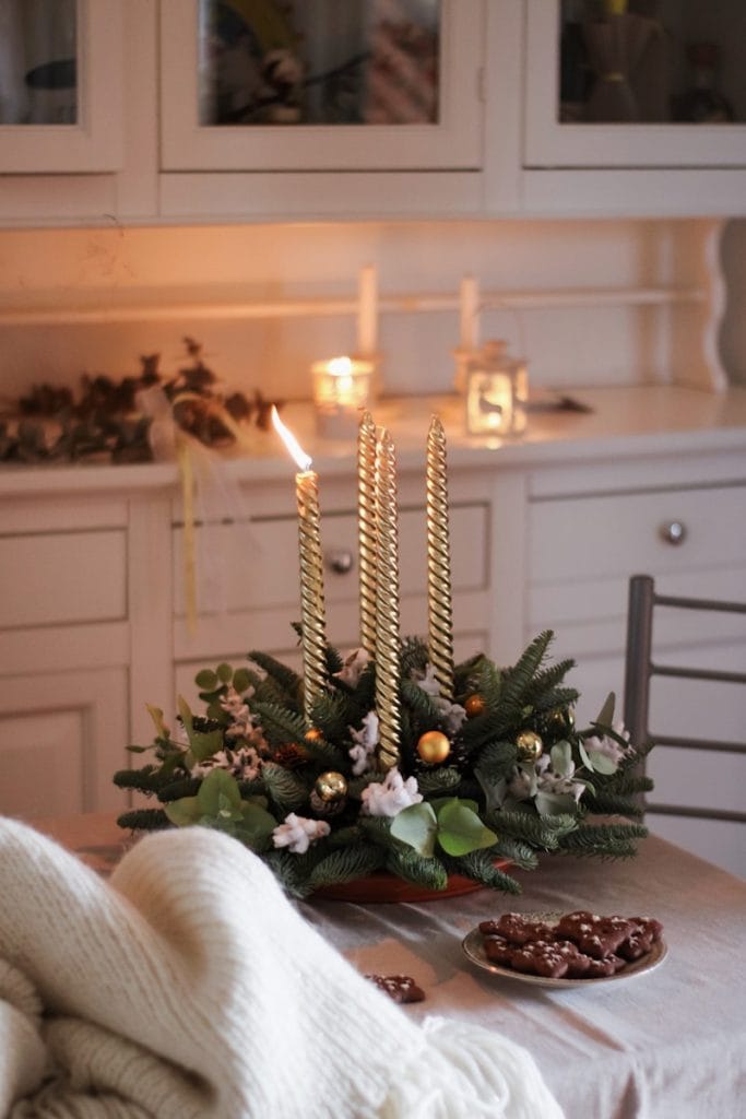 Cozy Winter decor. Metallic accents with candles