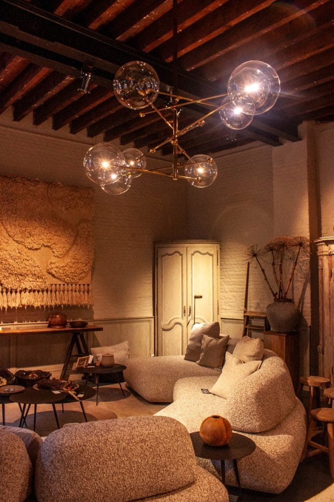 Modern living room with unique chandelier and plush sofa