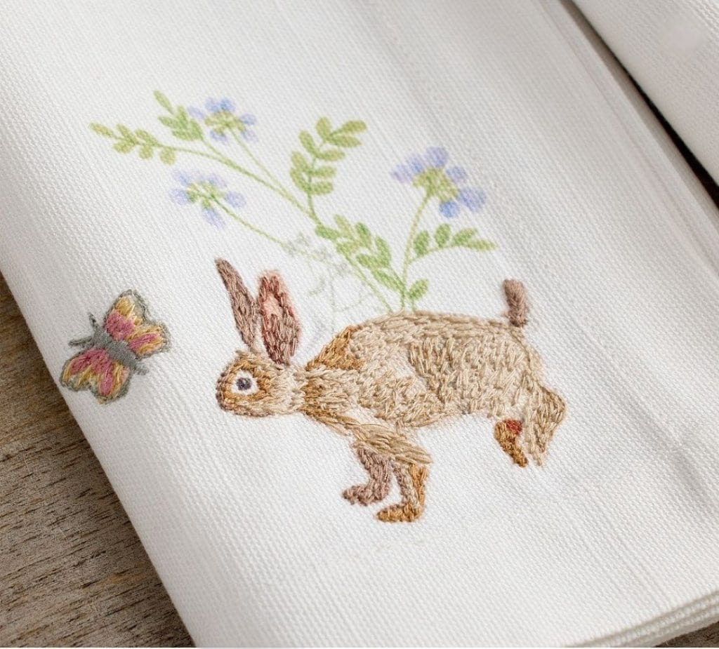 Bunny embroidery, bunny linens