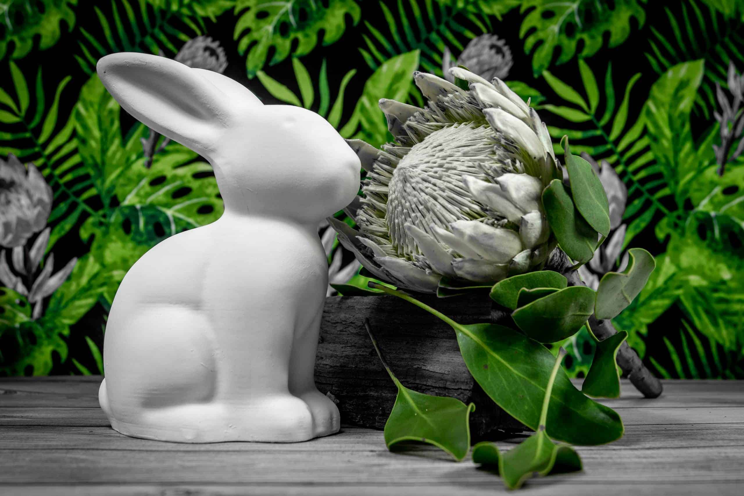 White ceramic bunny sculpture beside a blooming protea, surrounded by lush green leaves.